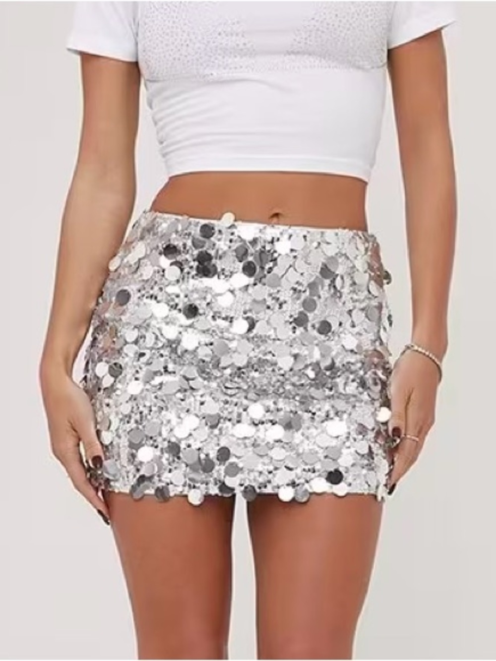 NWT Ego Mid Rise High Waist Disco Mini Skirt In Silver Sequin US 6 S/M